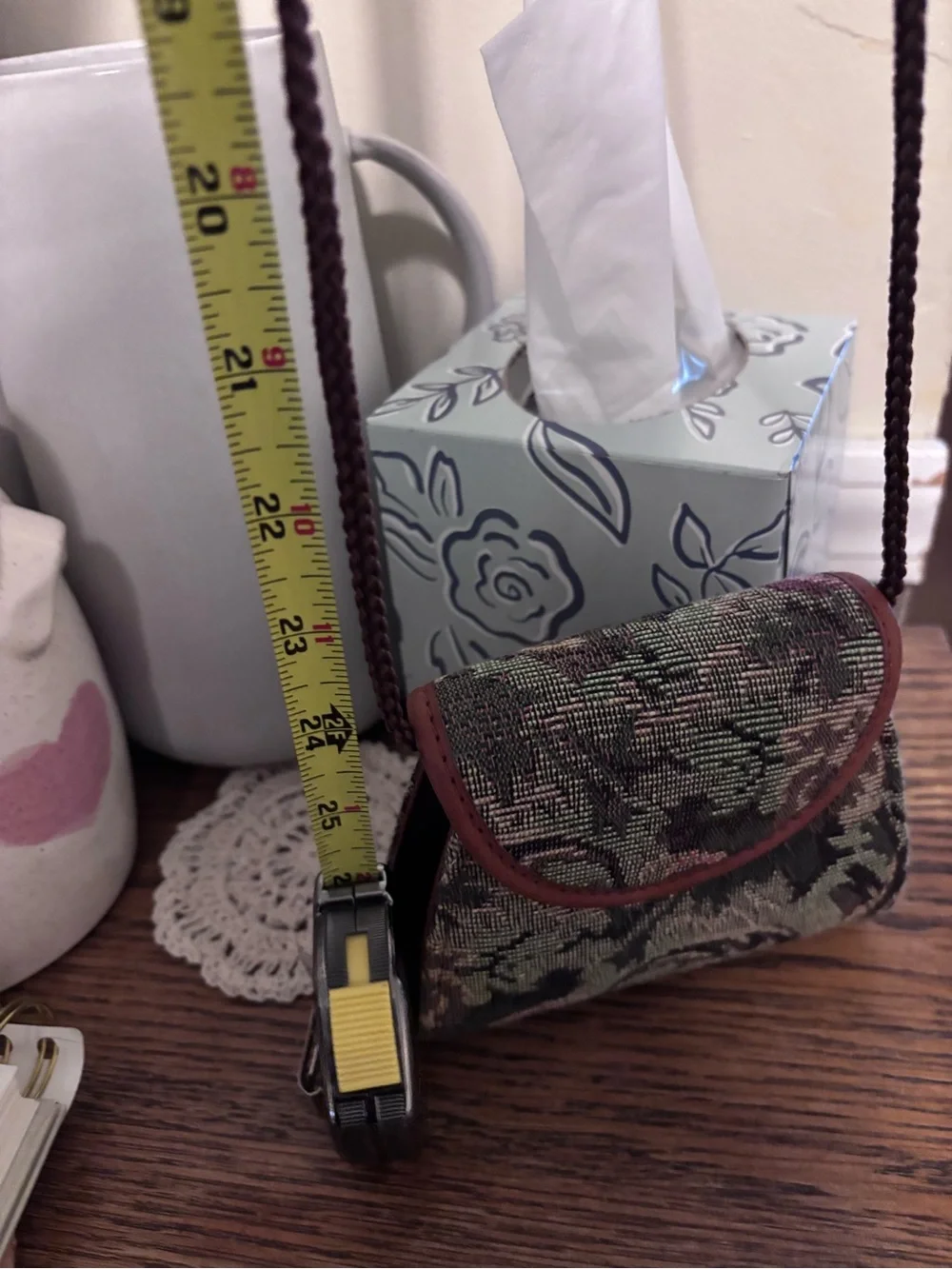 Rolfs Tapestry Green Floral Woven Crossbody with Brown Leather Trim
